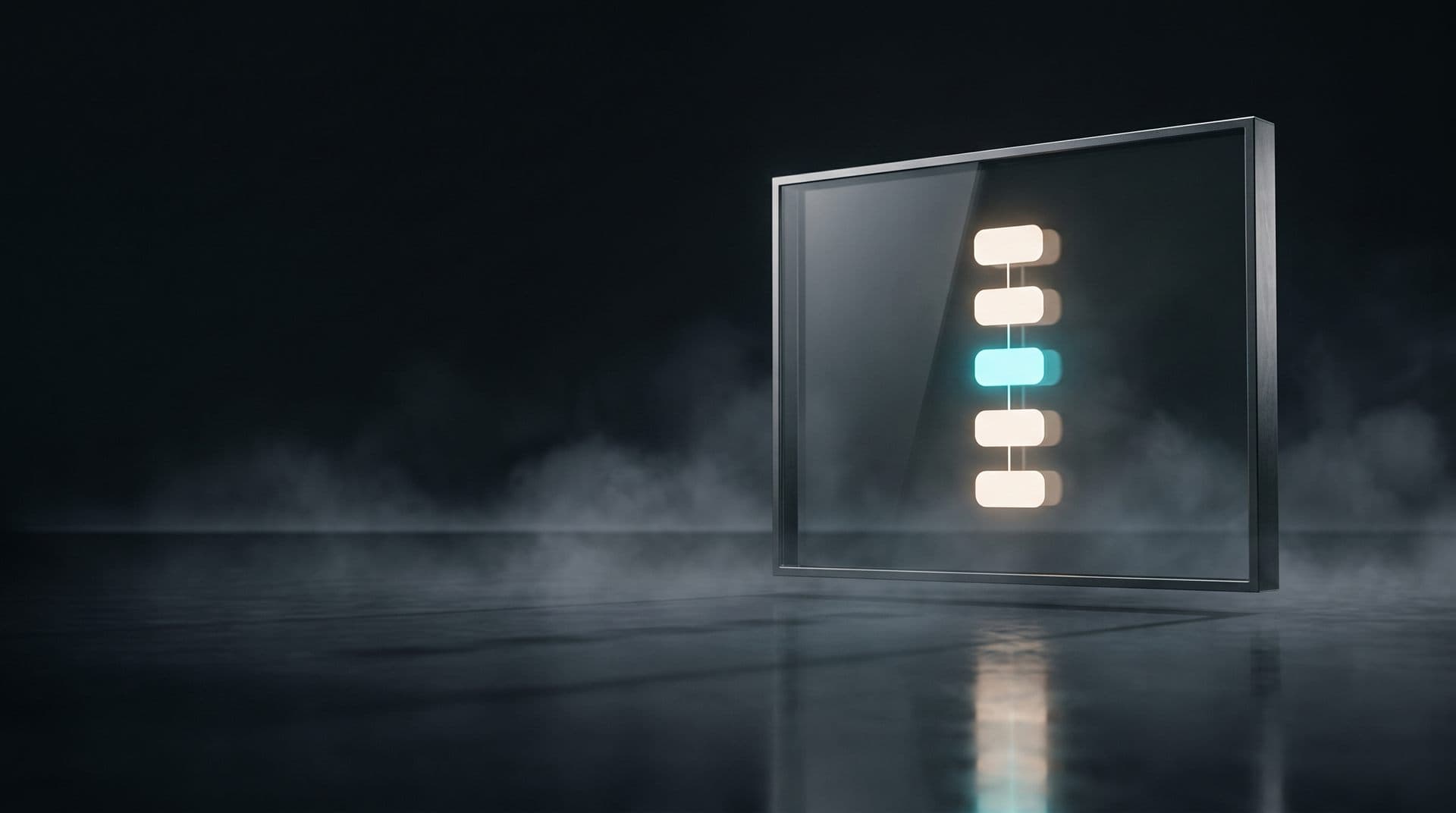 Floating glass panel showing the onboarding flow as a glowing step-by-step interface composition