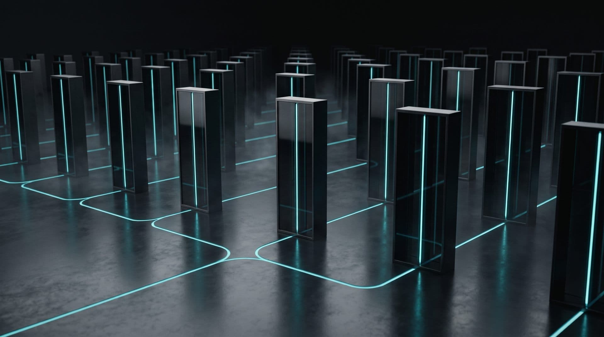 Ordered array of lit modules connected by light paths, a logistics platform case visual
