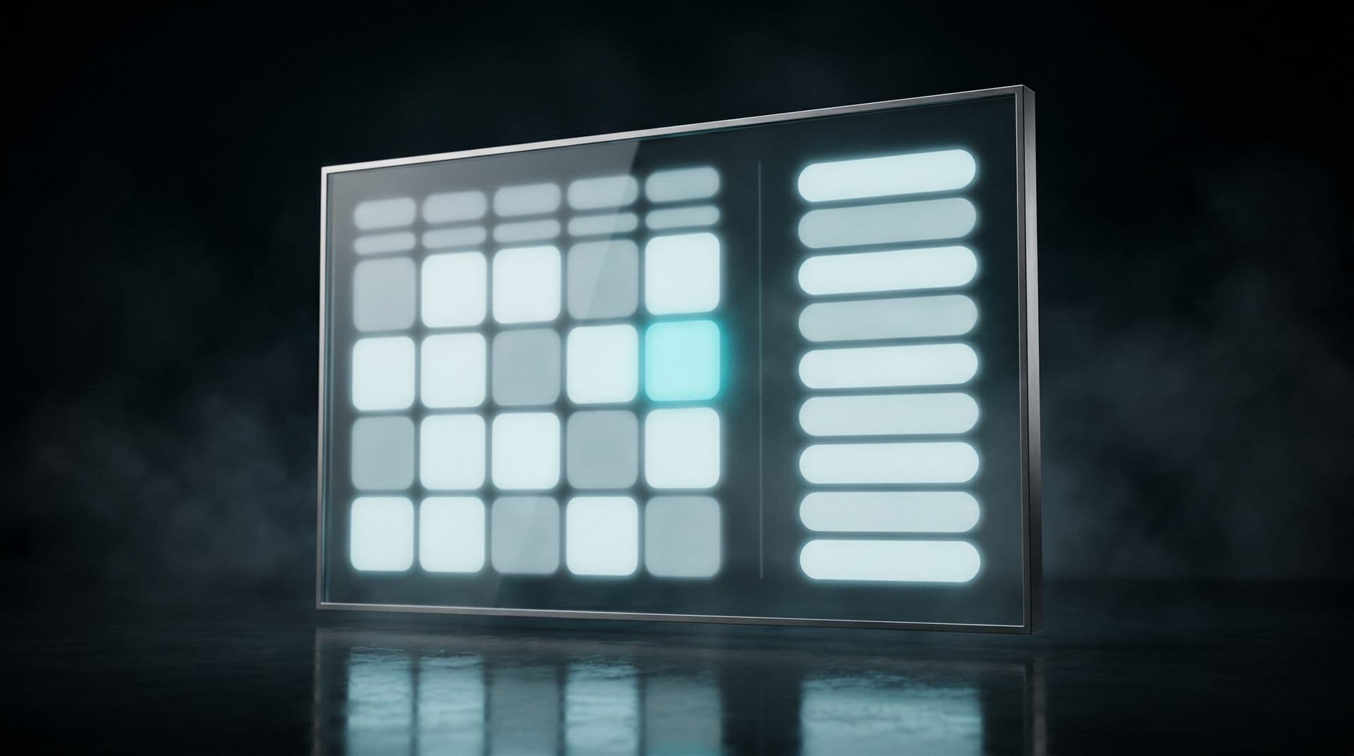 Floating glass panel showing the scheduling platform as a calm luminous calendar grid and list rows