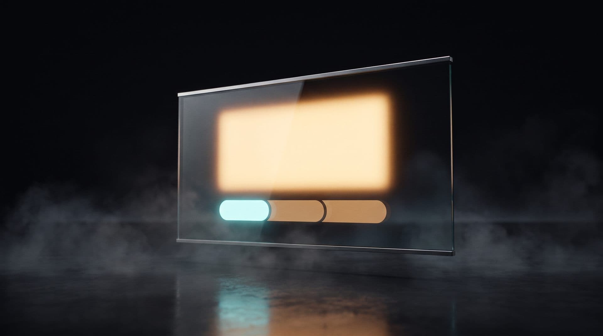Floating glass panel showing the booking experience as a warm luminous image block and booking bar