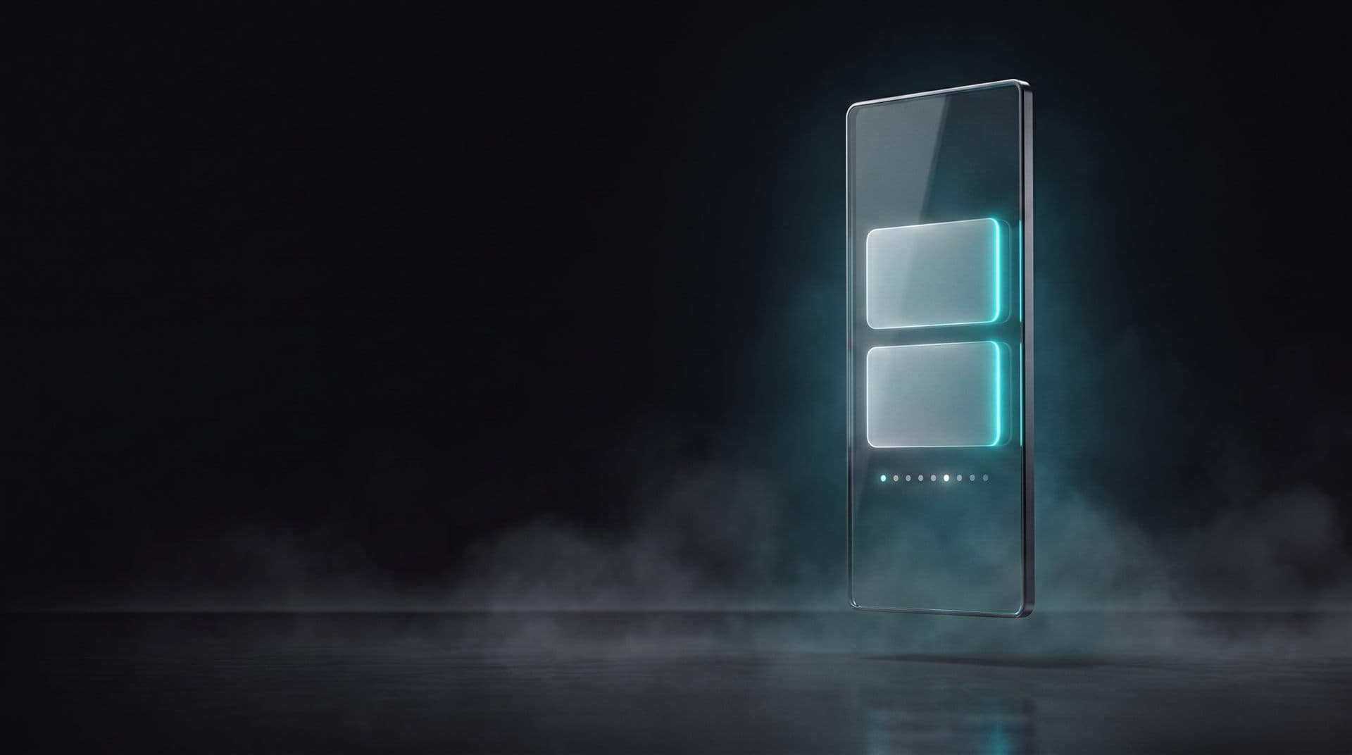 Floating glass slab showing the fintech product as stacked luminous card shapes