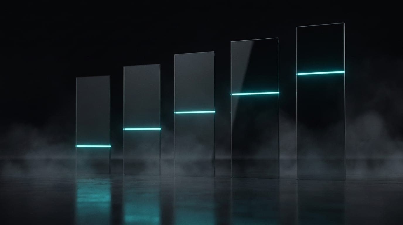 Five ascending glass panels, each lit by a rising cyan line, marking the five stages of a launch