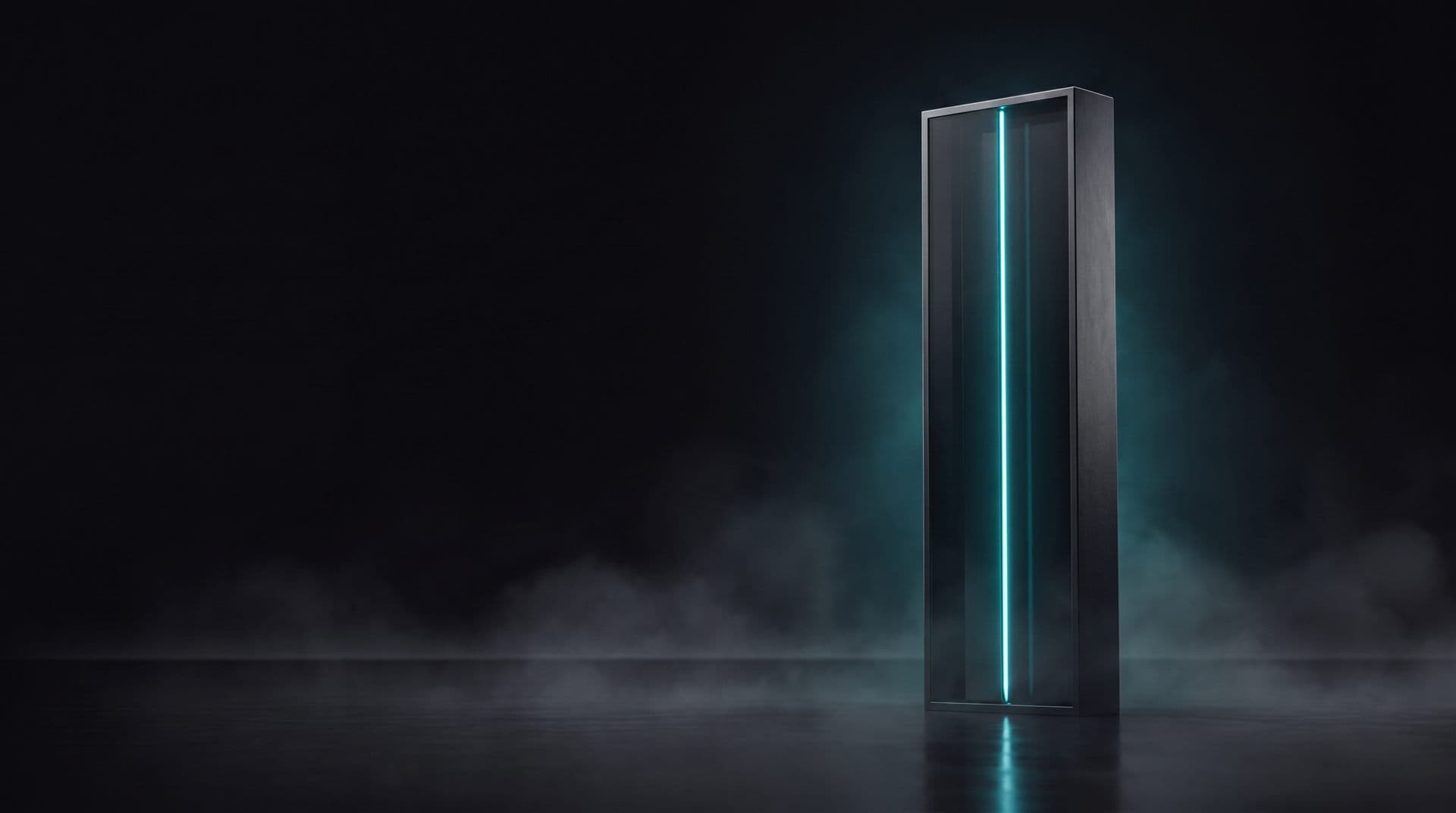 A slender hand-scale glass slab with a cyan edge light